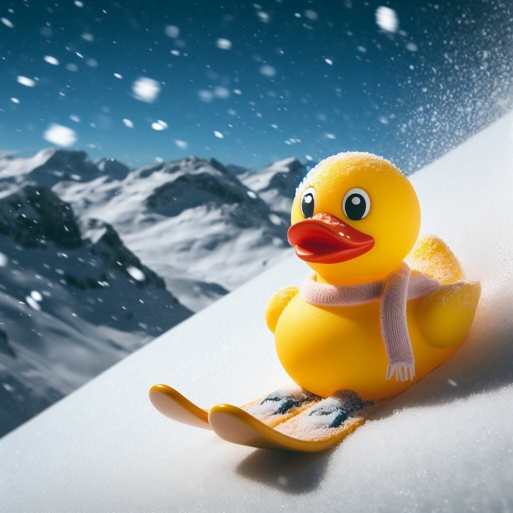 An image created by Microsoft Bing artificial intelligence with the instruction "A rubber duck skiing down a powder snow mountain in Iceland" - showing exactly that