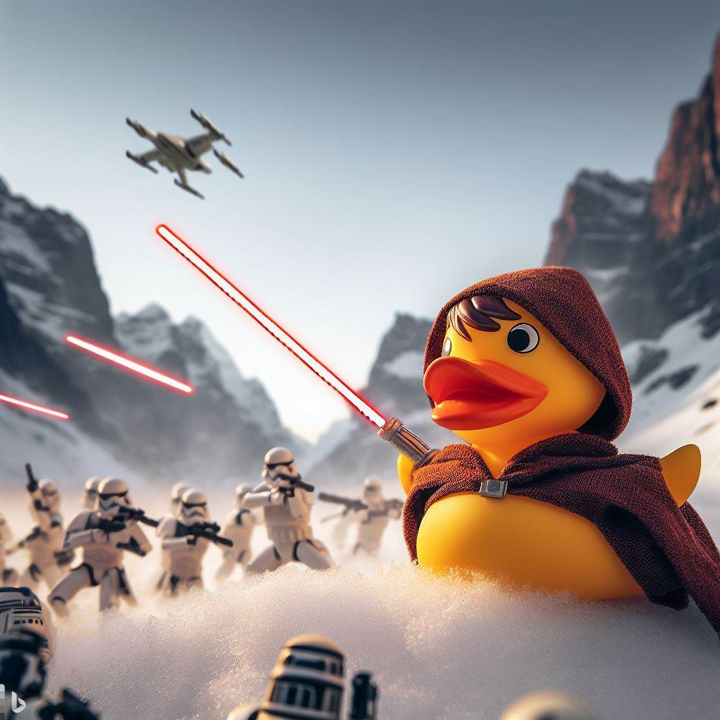 An image created by Microsoft Bing artificial intelligence with the instructions "A friendly and powerful Jedi Rubber Duck breaking through the front lines of an army of Sith and droids in a snowy mountain setting. Cinematic setting"