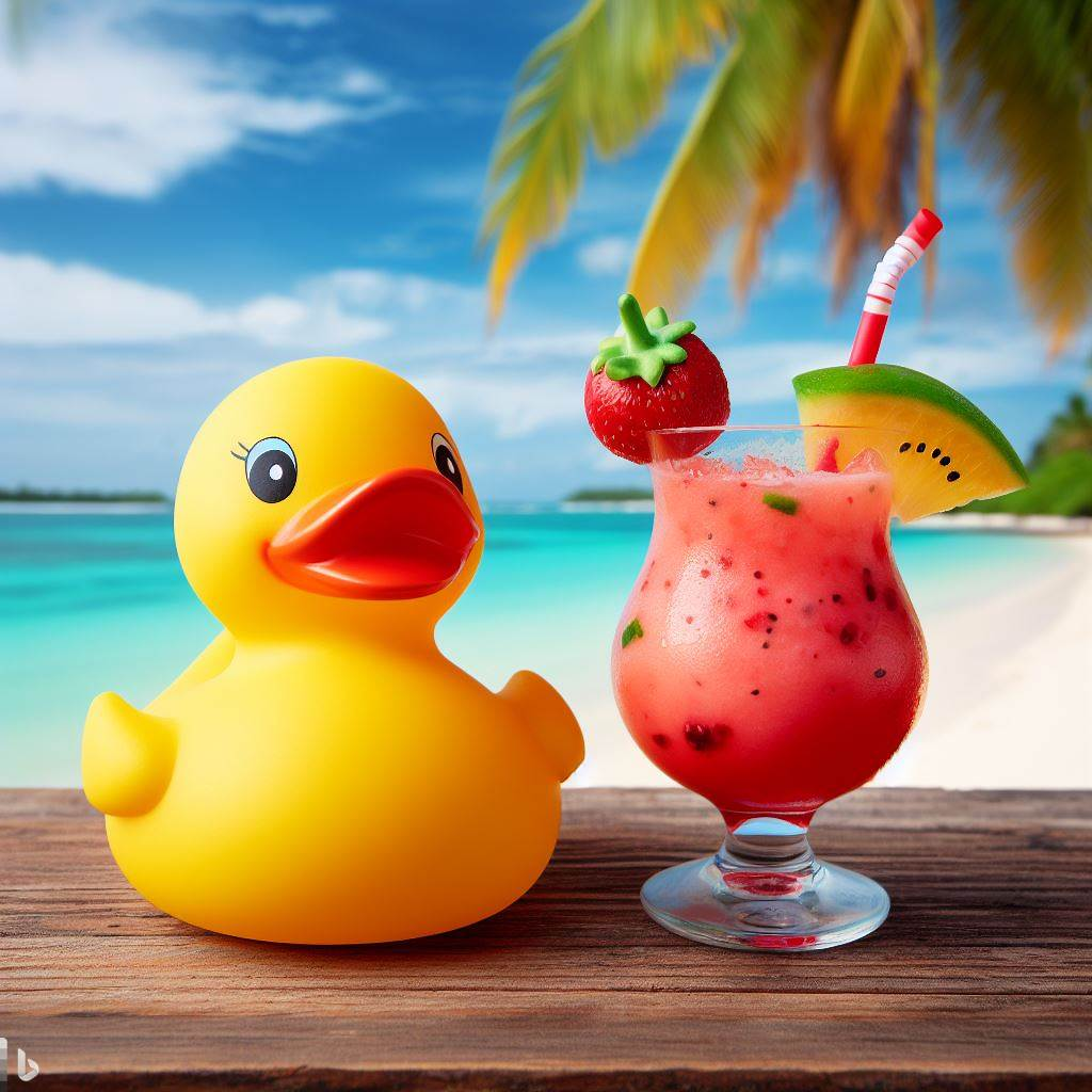 An image created by Microsoft Bing artificial intelligence with the instructions "A friendly rubber duck enjoying a fruity cocktail at a tropical beach"